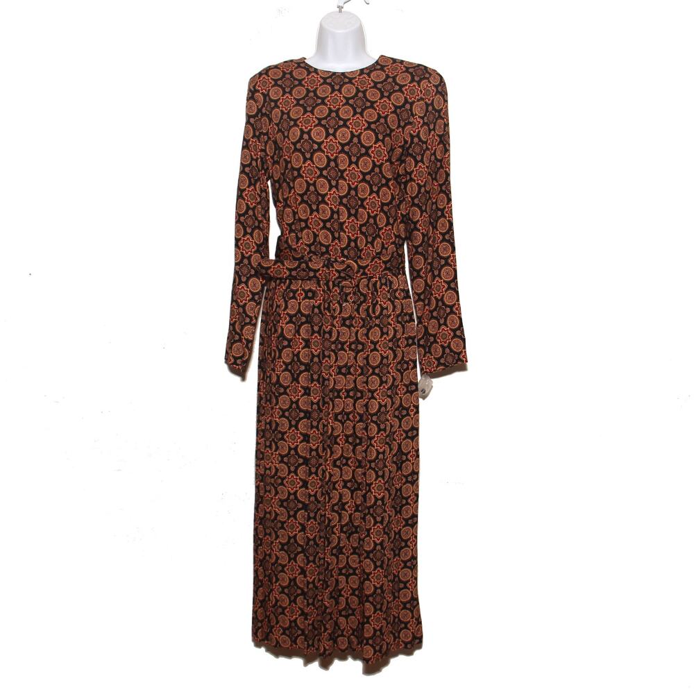 Vintage Bedford Fair Medallion Print Maxi Dress Size 10 Pleated, Belted LS